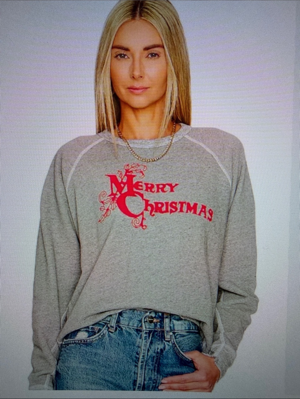 THE GREAT. Grey Crewneck Sweater with Red "Merry Christmas" Graphic, size 3
